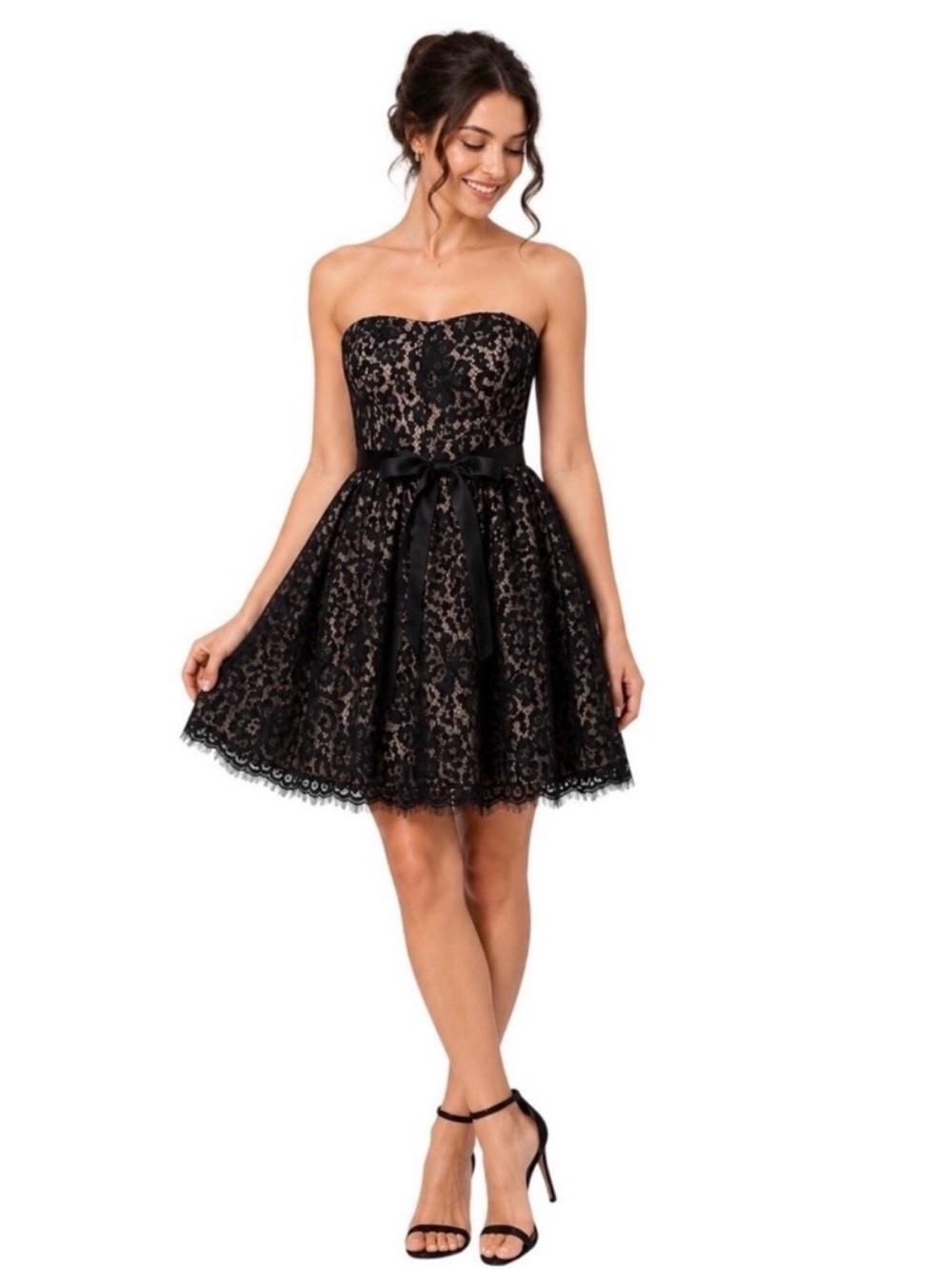 Neiman Marcus RobertRodriguez Black Strapless Lace Cocktail Dress with Satin Bow